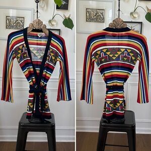 Vintage 70s Organically Grown Primary Rainbow Color Belted Cardigan Sweater S